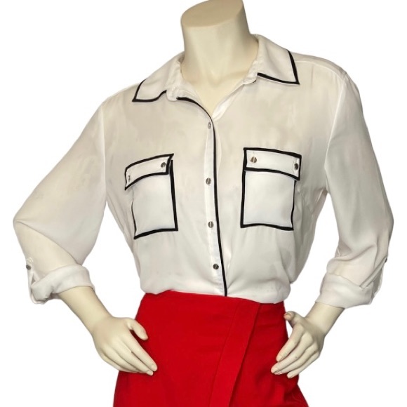 7TH AVENUE NEW YORK & COMPANY White & Black Button Up Long Sleeve Blouse Shirt,L - Picture 1 of 16
